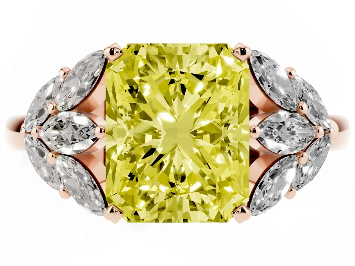 Fancy Yellow Radiant Cut Diamond Cluster Leaf Design Ring with Prong Setting Rose gold