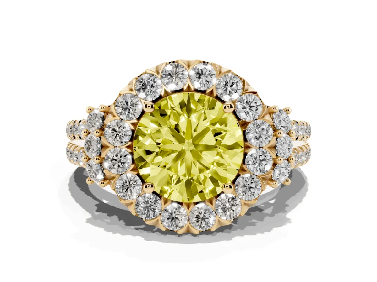 Fancy Yellow Round Cut Cut Double Halo Diamond Engagement Ring with Pave Band and Four-Prong Setting Yellow gold