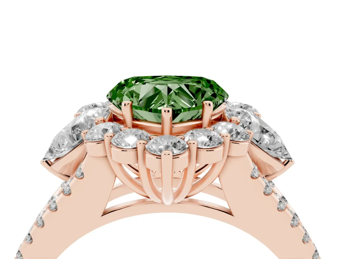 Fancy Green Heart Cut Halo Split Shank Diamond Engagement Ring with Prong Setting Rose gold