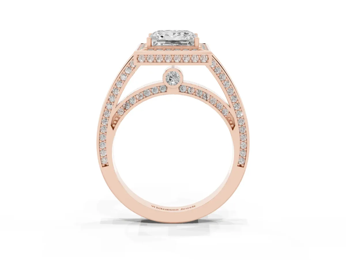 Princess Cut Cut Halo Pave Split Shank Prong Setting Ring Rose gold