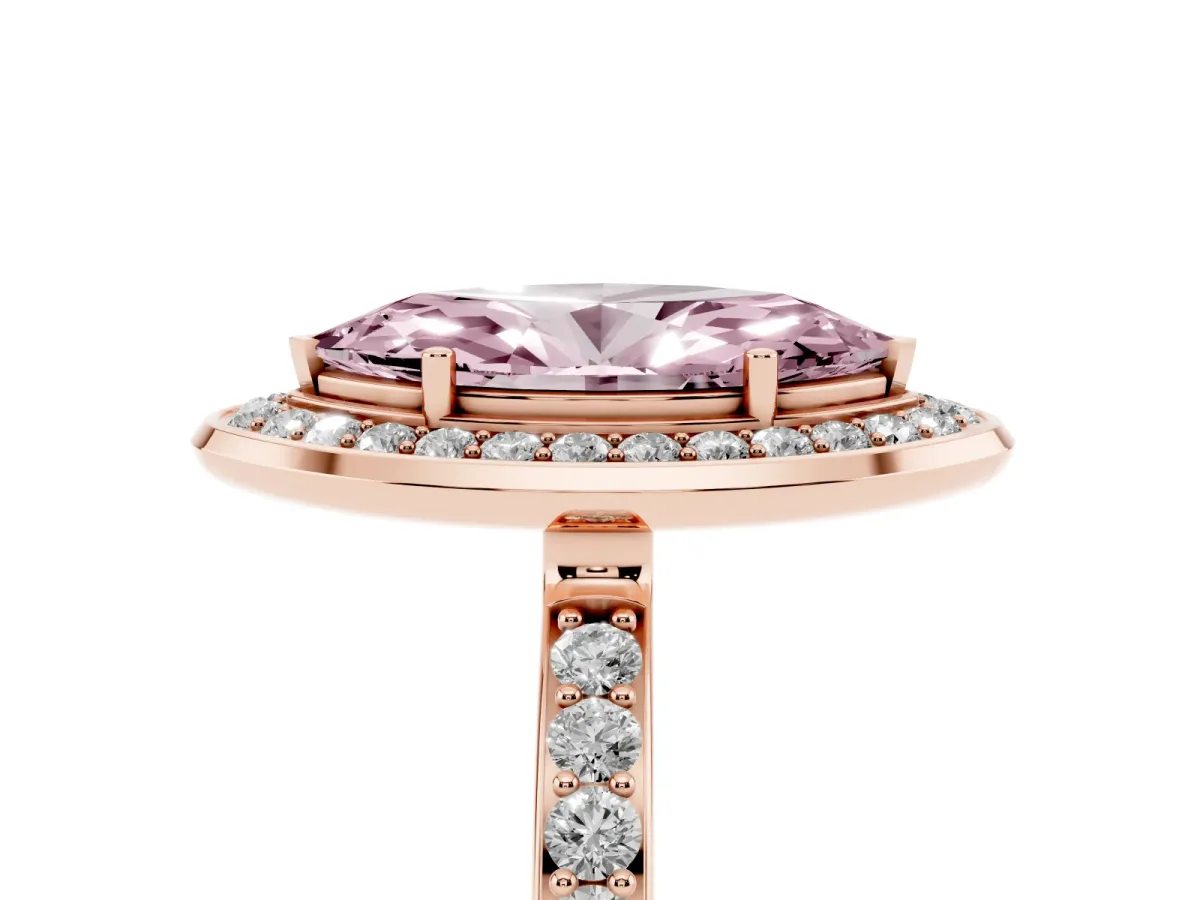 Fancy Pink Marquise Cut Diamond Halo Ring with Bezel Frame and Pavé Band Rose gold