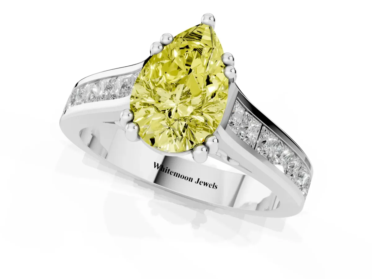 Fancy Yellow Pear Cut Cut Channel Set Solitaire Engagement Ring with Prong Setting Platinum