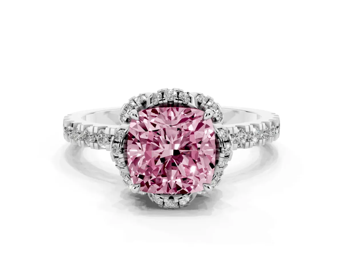 Fancy Pink Cushion Cut Diamond Halo Pave Band with Four-Prong Setting Silver