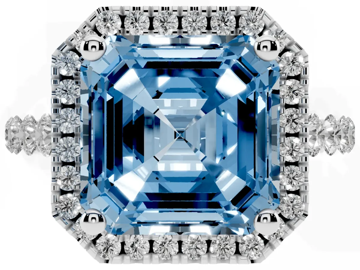 Fancy Blue Asscher Cut Halo Pavé Diamond Engagement Ring with Four-Prong Setting Silver