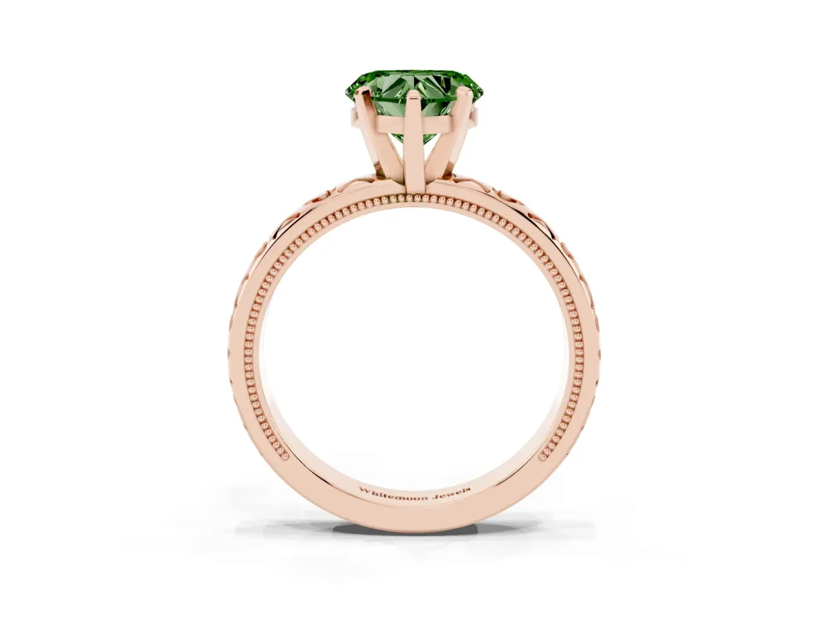 Fancy Green Heart Cut Solitaire Diamond Engagement Ring with XO Engraved Band and Four-Prong Setting Rose gold