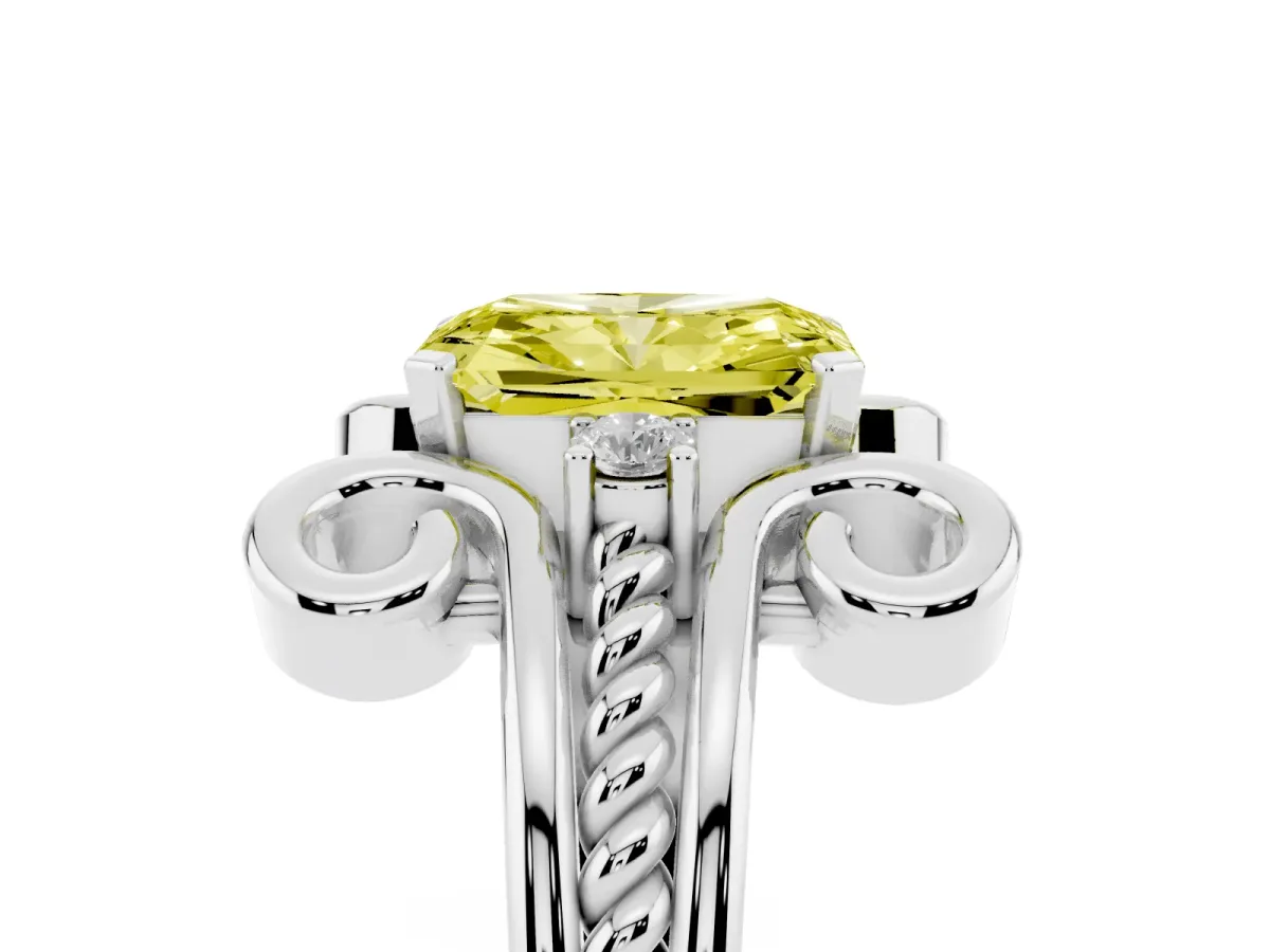 Fancy Yellow Radiant Cut Solitaire Twisted Band Scroll Prong Ring Platinum