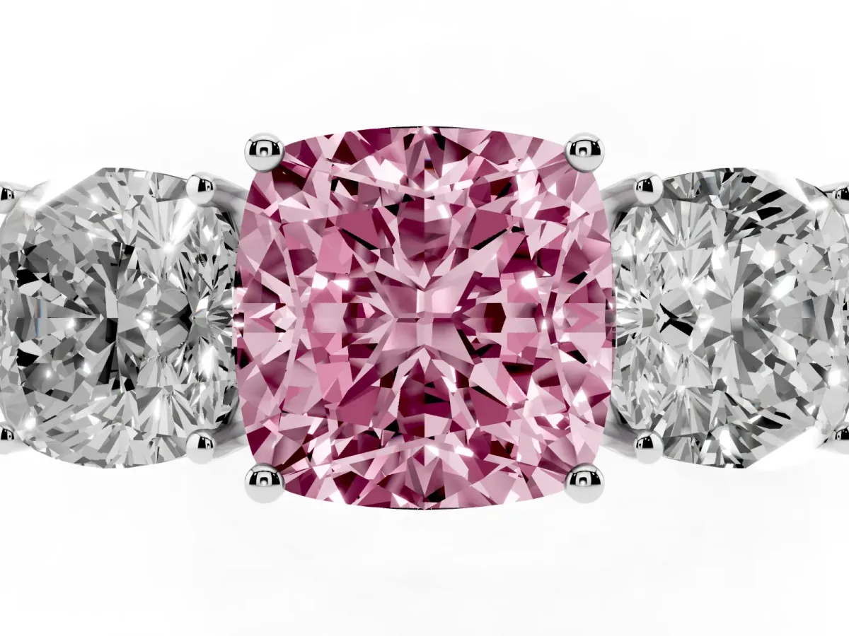 Fancy Pink Cushion Cut Diamond Three-Stone Ring with Prong Setting and Textured Band Silver