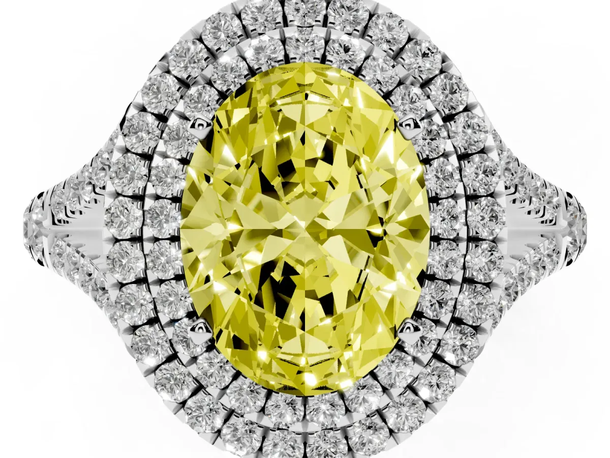 Fancy Yellow Oval Cut Cut Double Halo Split Shank Diamond Ring with Prong Setting Platinum