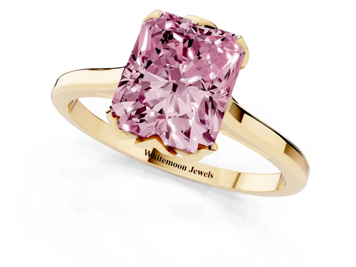 Fancy Pink Radiant Cut Diamond Solitaire Ring with Flower Prong Setting and Classic Band Yellow gold