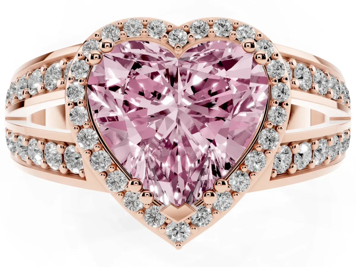 Fancy Pink Heart Cut Diamond Halo Ring with Split Shank Pavé Band and Four-Prong Setting Rose gold