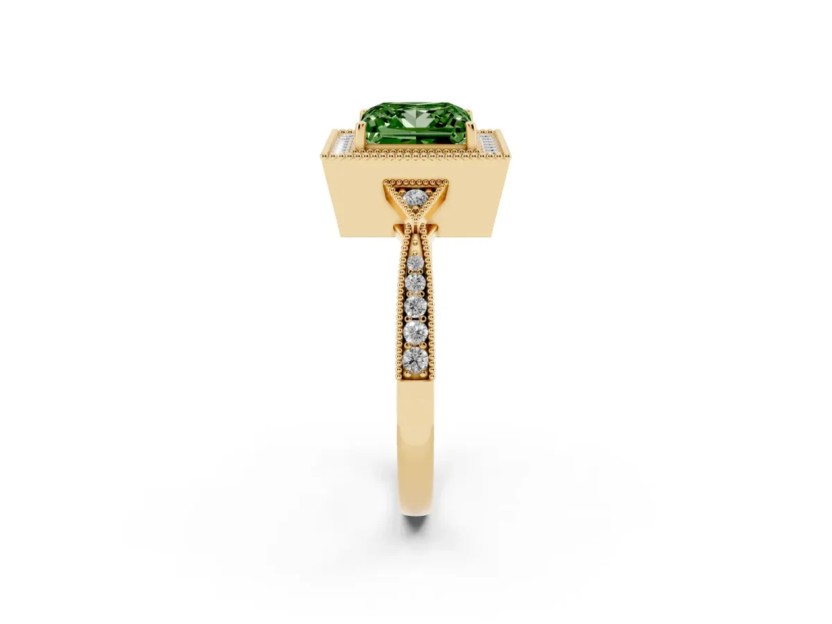 Fancy Green Princess Cut Halo Round Diamond Milgrain Pave Engagement Ring Yellow gold