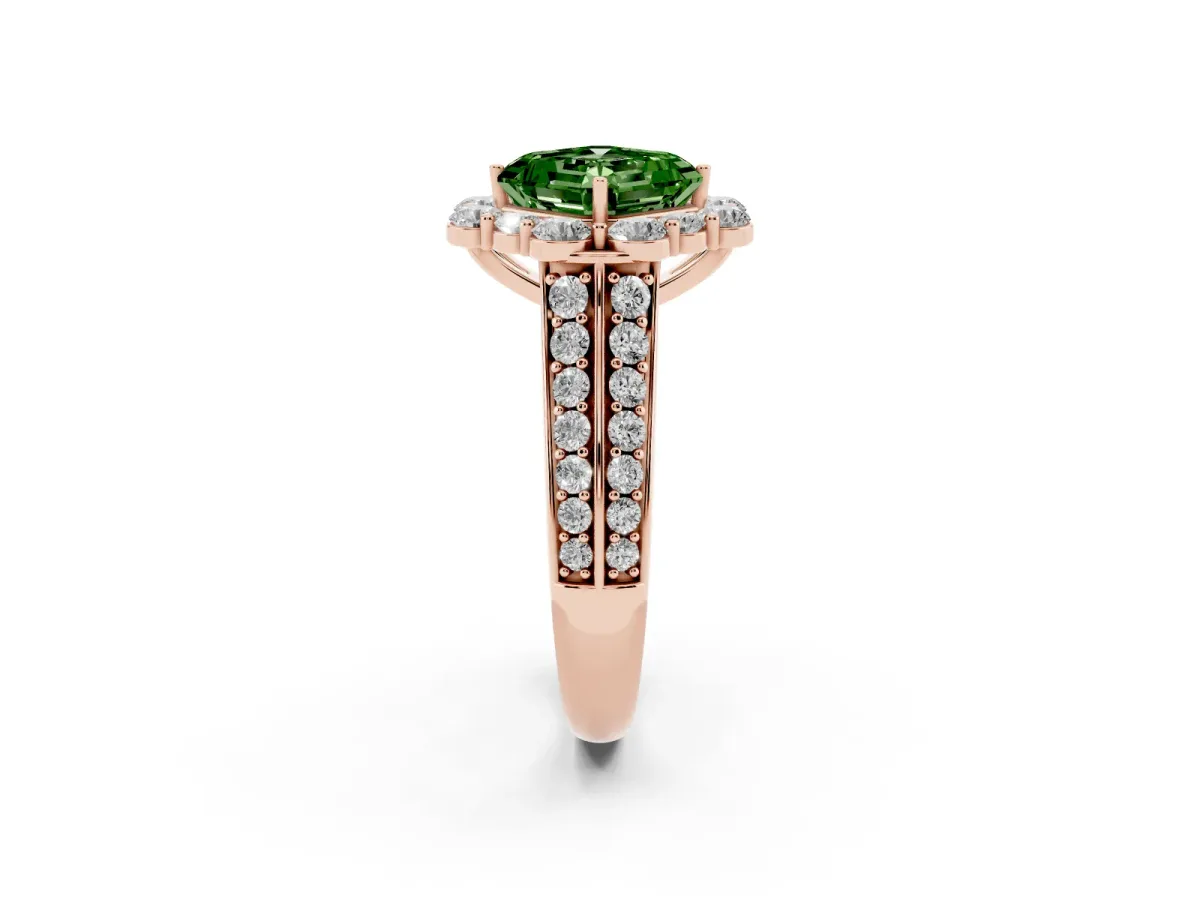 Fancy Green Asscher Cut Halo Diamond Engagement Ring with Split Shank and Prong Setting Rose gold