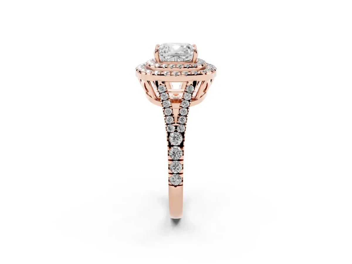 Cushion Cut Diamond Double Halo Ring with Pavé Band and Prong Setting Rose gold