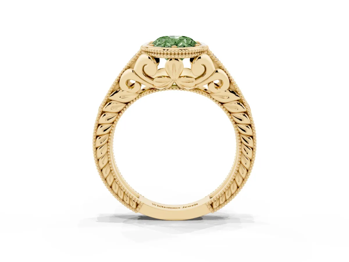 Fancy Green Bezel Set Oval Cut Diamond Milgrain Pave Engagement Ring Yellow gold
