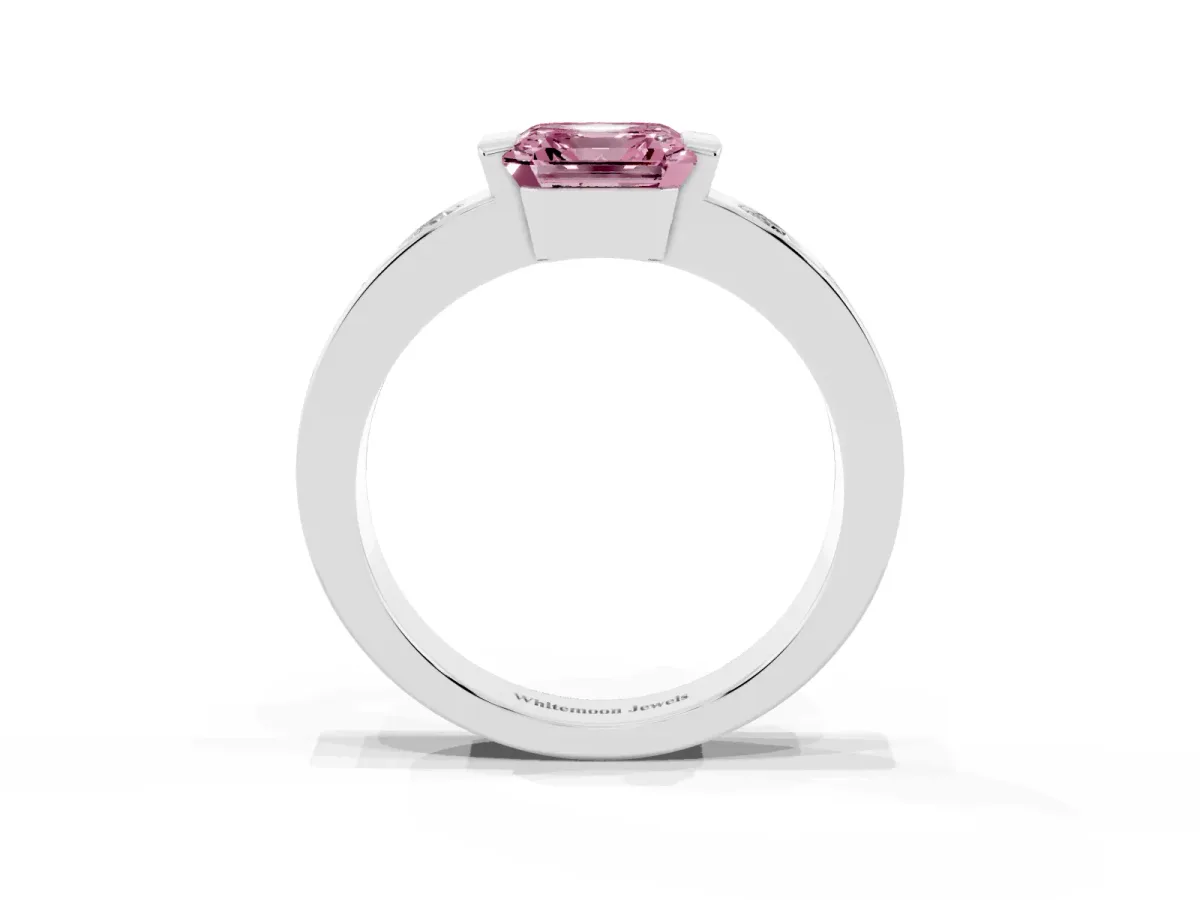 Fancy Pink Asscher Cut Brilliant Channel-Set Diamond Ring with Bezel Prong Setting Silver