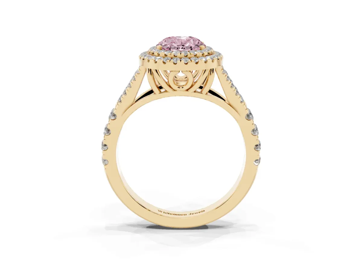 Fancy Pink Oval Cut Diamond Pavé Split Shank Double Halo Engagement Ring Yellow gold