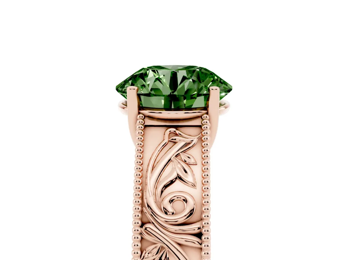 Fancy Green Round Cut Diamond Solitaire Ring with Engraved Band and Four-Prong Setting Rose gold