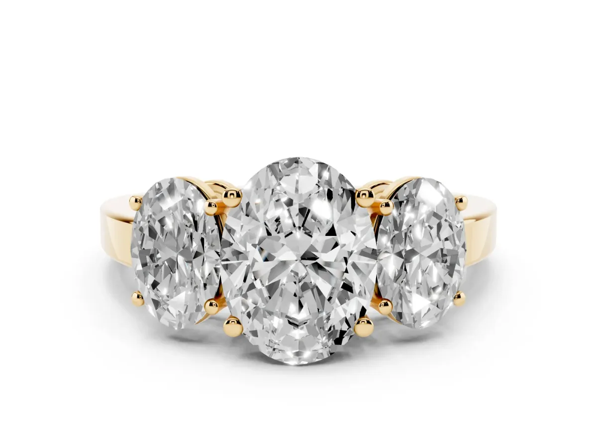 Three-Stone Oval Cut Cut Diamond Engagement Ring with Flat Band and Four-Prong Setting Yellow gold