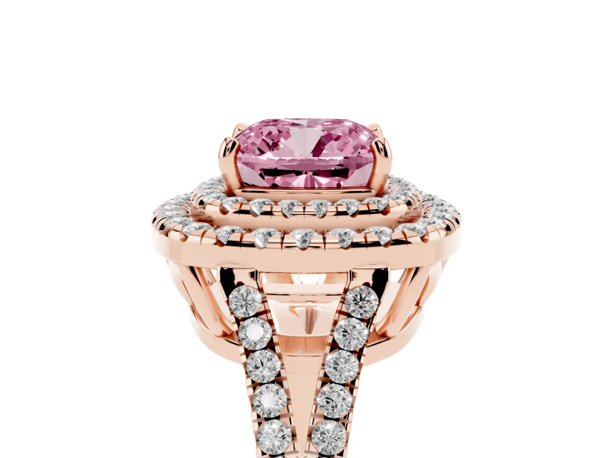 Fancy Pink Cushion Cut Diamond Double Halo Ring with Pavé Band and Prong Setting Rose gold