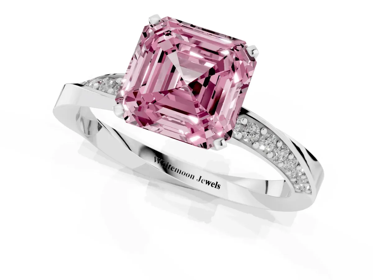 Fancy Pink Asscher Cut Diamond Engagement Ring with Side Stone Accents and Four-Prong Setting Silver