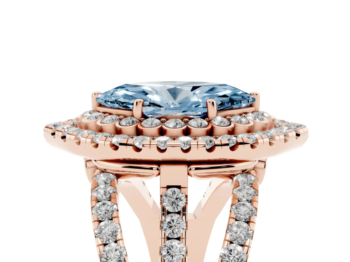Fancy Blue Marquise Cut Diamond Double Halo Ring with Round Pavé Split Shank and Prong Setting Rose gold
