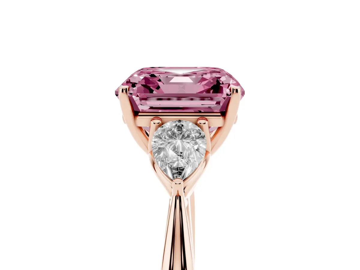 Fancy Pink Three-Stone Asscher Cut Brilliant Diamond Solitaire Ring with Tapered Band and Four-Prong Setting Rose gold