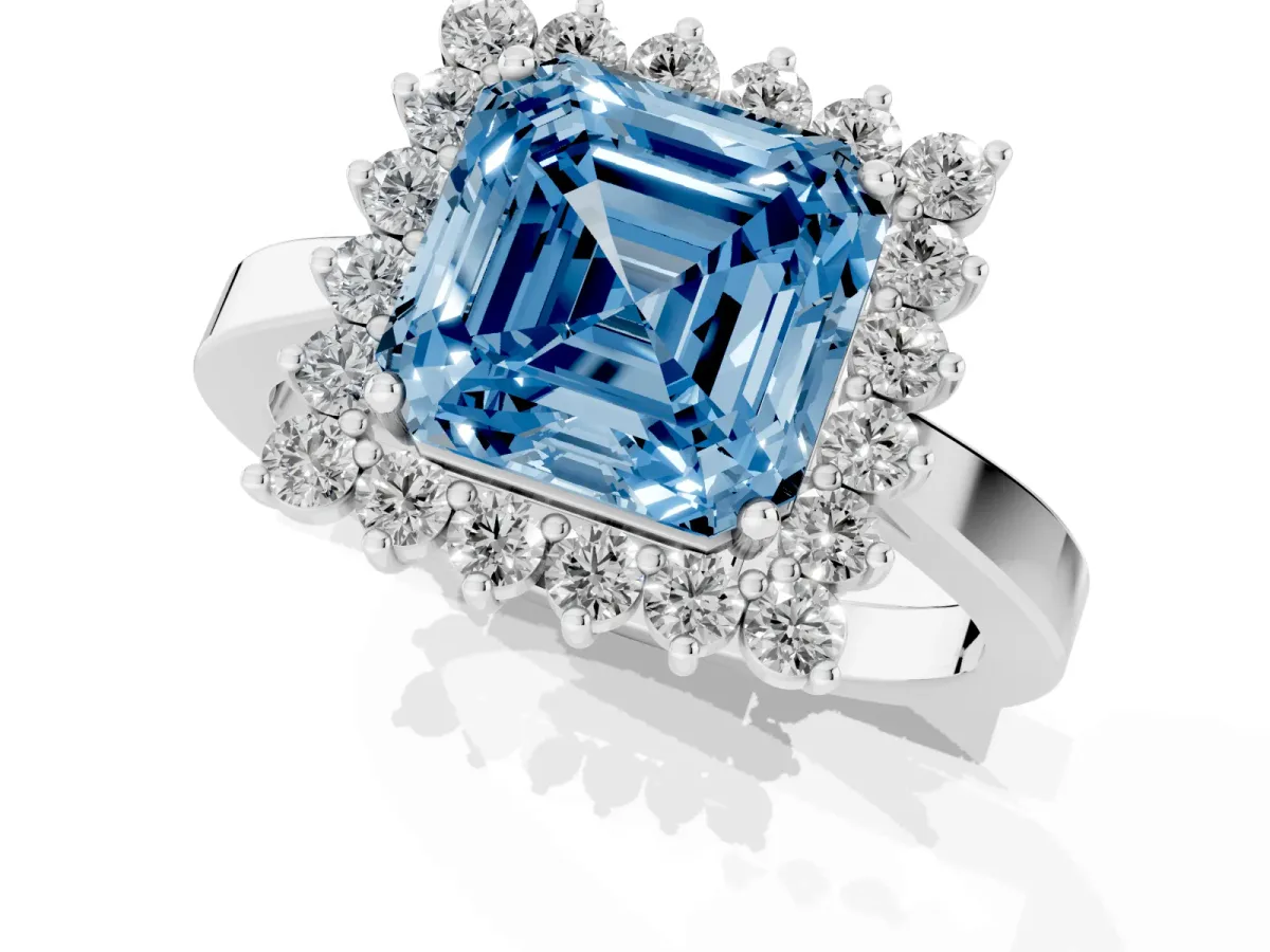 Fancy Blue Asscher Cut Cut Diamond Halo Ring with Round Brilliant Halo and Solitaire Band Platinum