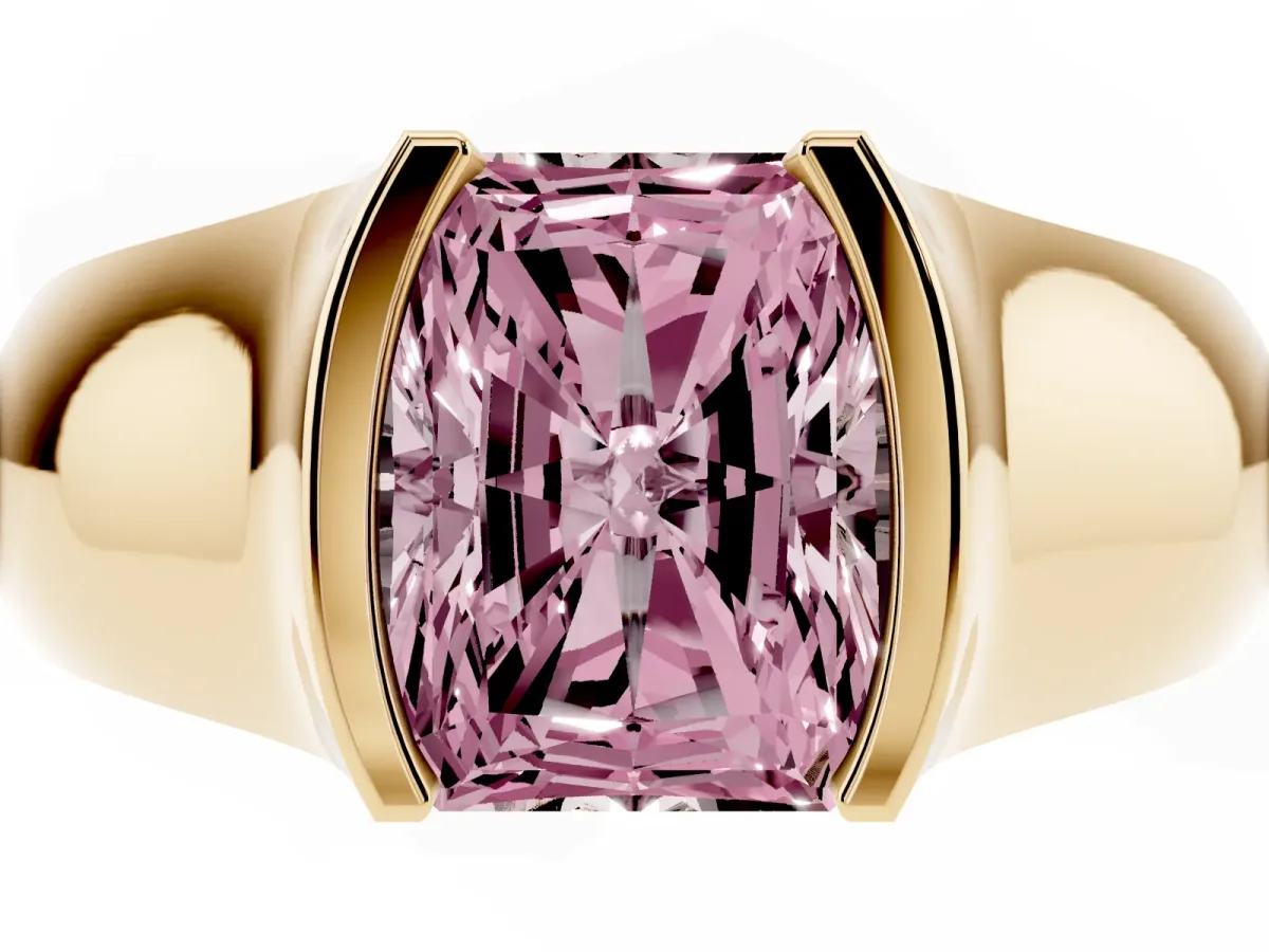 Fancy Pink Radiant Cut Solitaire Bezel Set Diamond Ring with Wide Band Yellow gold