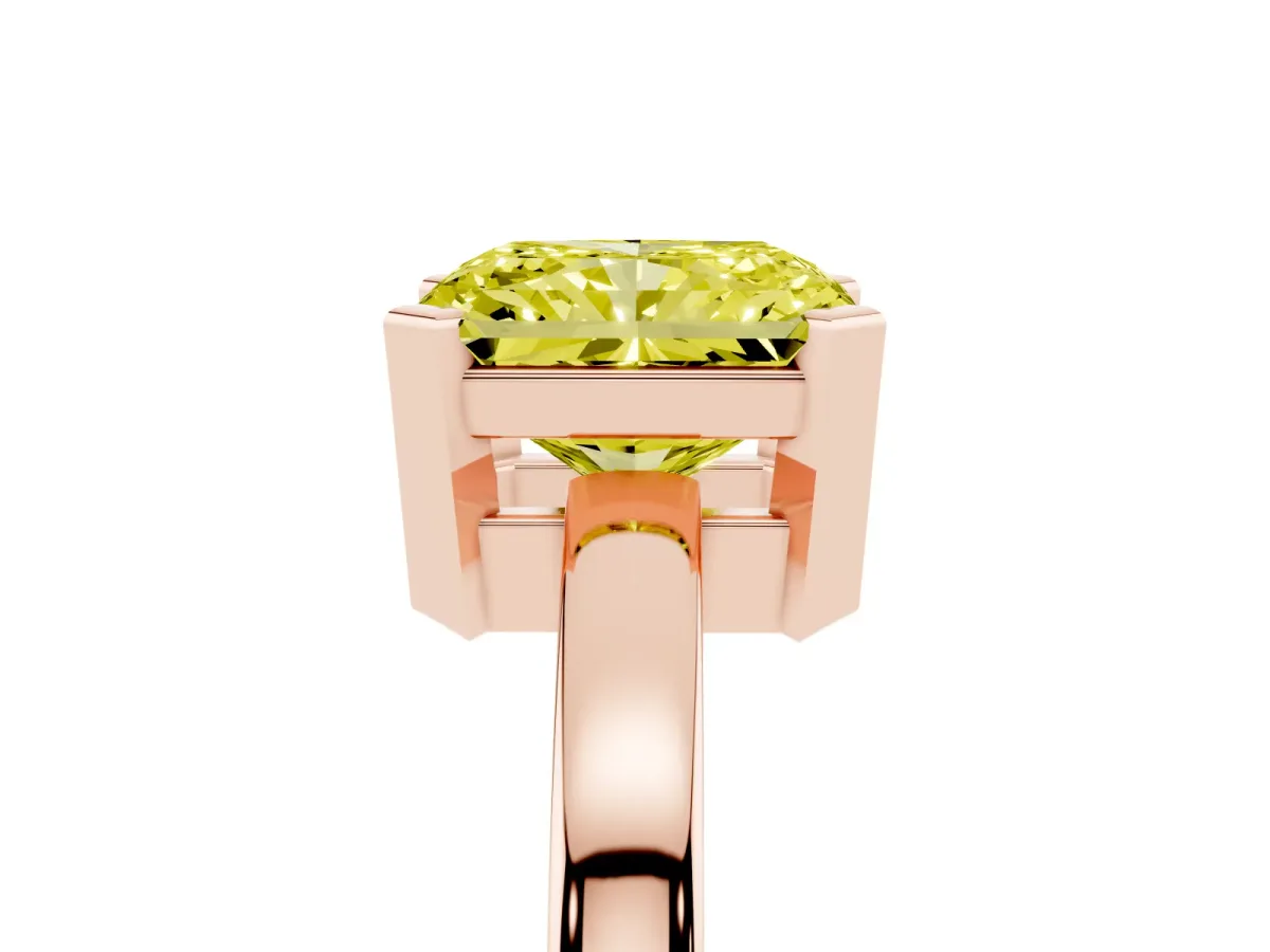 Fancy Yellow Radiant Cut Cut Solitaire Ring with Four-Prong Setting and Classic Band Rose gold