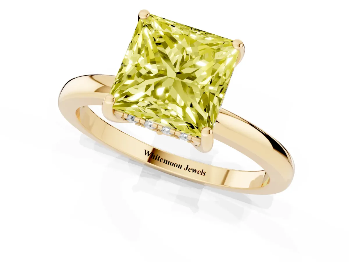 Fancy Yellow Princess Cut Solitaire Diamond Ring with Prong Setting and Plain Band Yellow gold