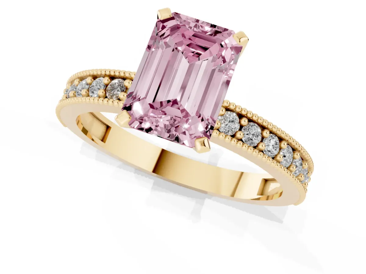 Fancy Pink Emerald Cut Diamond Milgrain Pavé Engagement Ring with Four-Prong Setting Yellow gold
