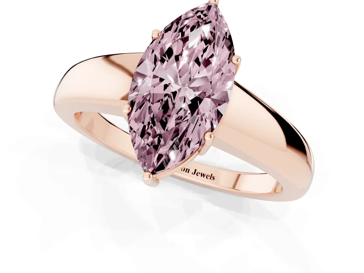 Fancy Pink Marquise Cut Solitaire Diamond Ring with Tapered Band and Four-Prong Setting Rose gold
