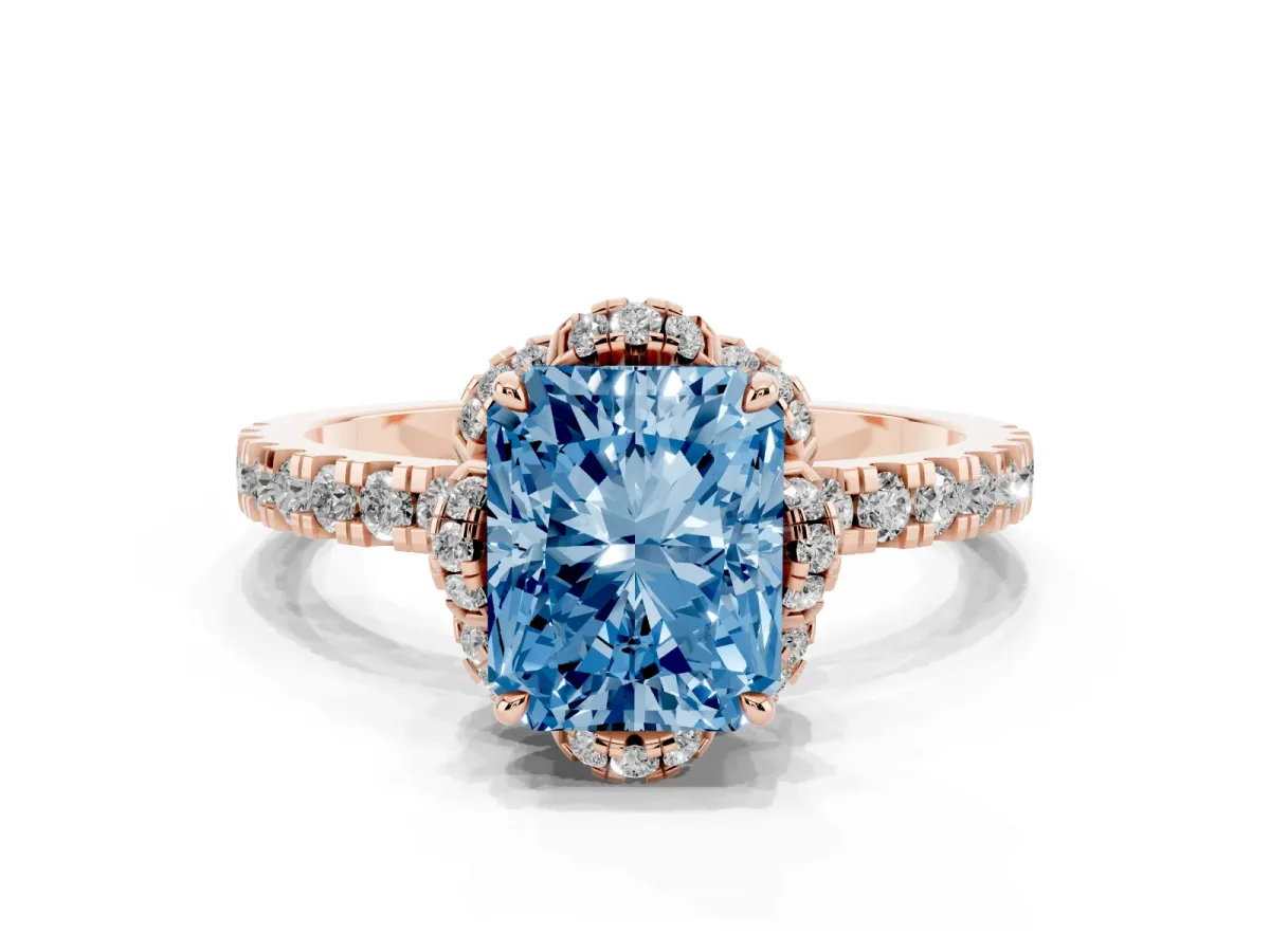 Fancy Blue Radiant Cut Diamond Halo Pave Band with Four-Prong Setting Rose gold