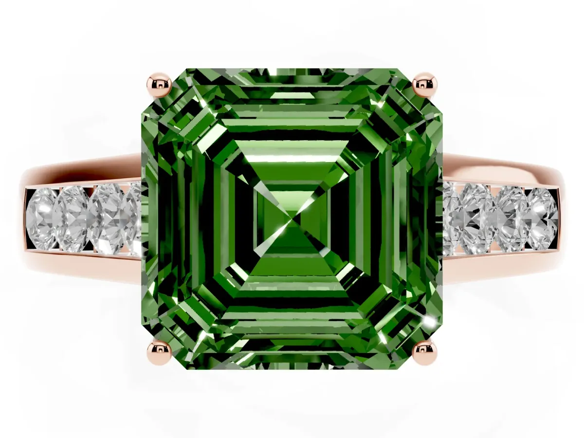 Fancy Green Asscher Cut Solitaire Channel-Set Diamond Engagement Ring with Four-Prong Setting Rose gold