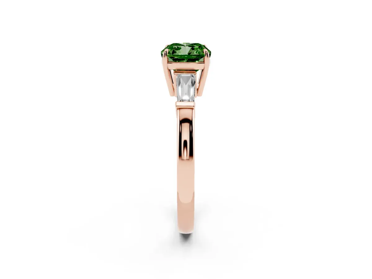 Fancy Green Cushion Cut Diamond Three-Stone Ring with Tapered Baguette Side Stones and Prong Setting Rose gold