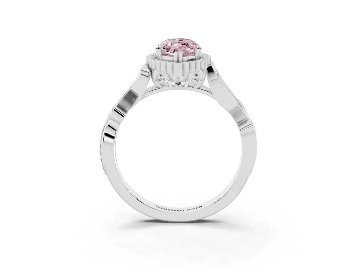 Fancy Pink Marquise Cut Diamond Halo Ring with Vintage Split Shank and Four-Prong Setting Platinum