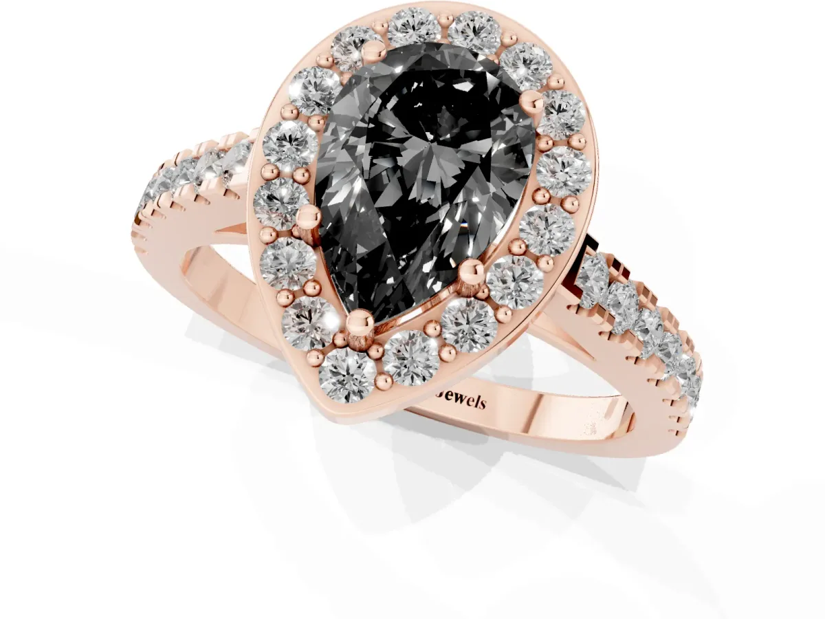 Fancy Black Pear Cut Diamond Halo Ring with Round Pavé Split Shank and Prong Setting Rose gold