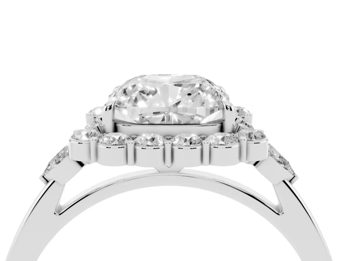 Cushion Cut Diamond Halo Ring with Pear Side Stones and Prong Setting Silver