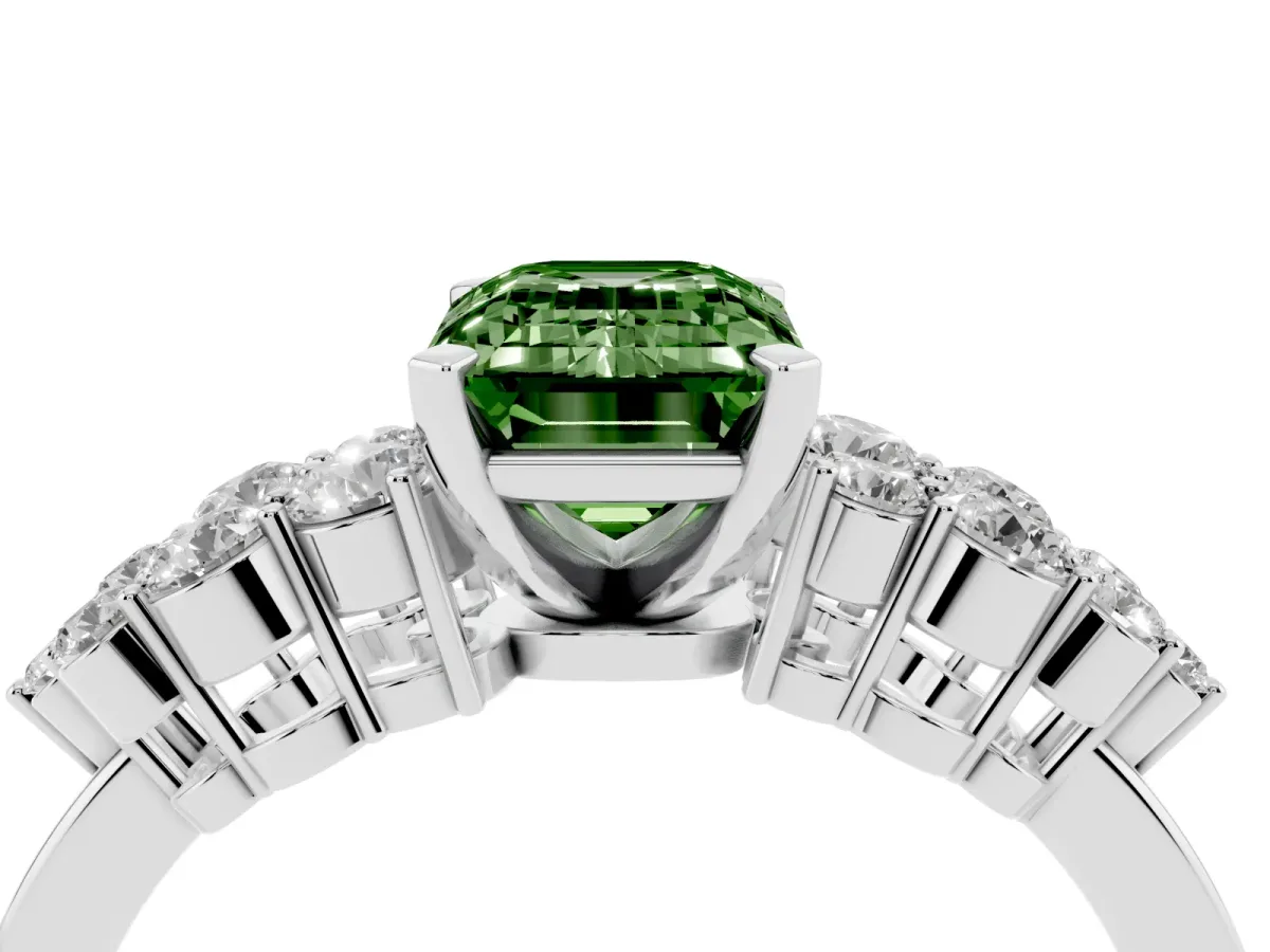 Fancy Green Emerald Cut Cluster Diamond Engagement Ring with Pavé Band and Four-Prong Setting Silver