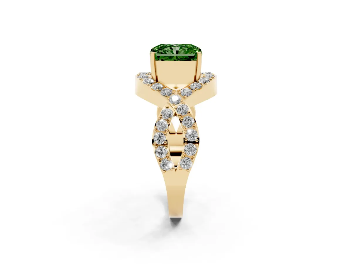 Fancy Green Radiant Cut Solitaire Twist Band Pavé Diamond Engagement Ring Yellow gold