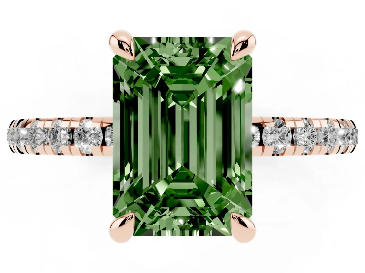 Fancy Green Emerald Cut Diamond Brilliant Solitaire Ring with Pavé Band and Four-Prong Setting Rose gold