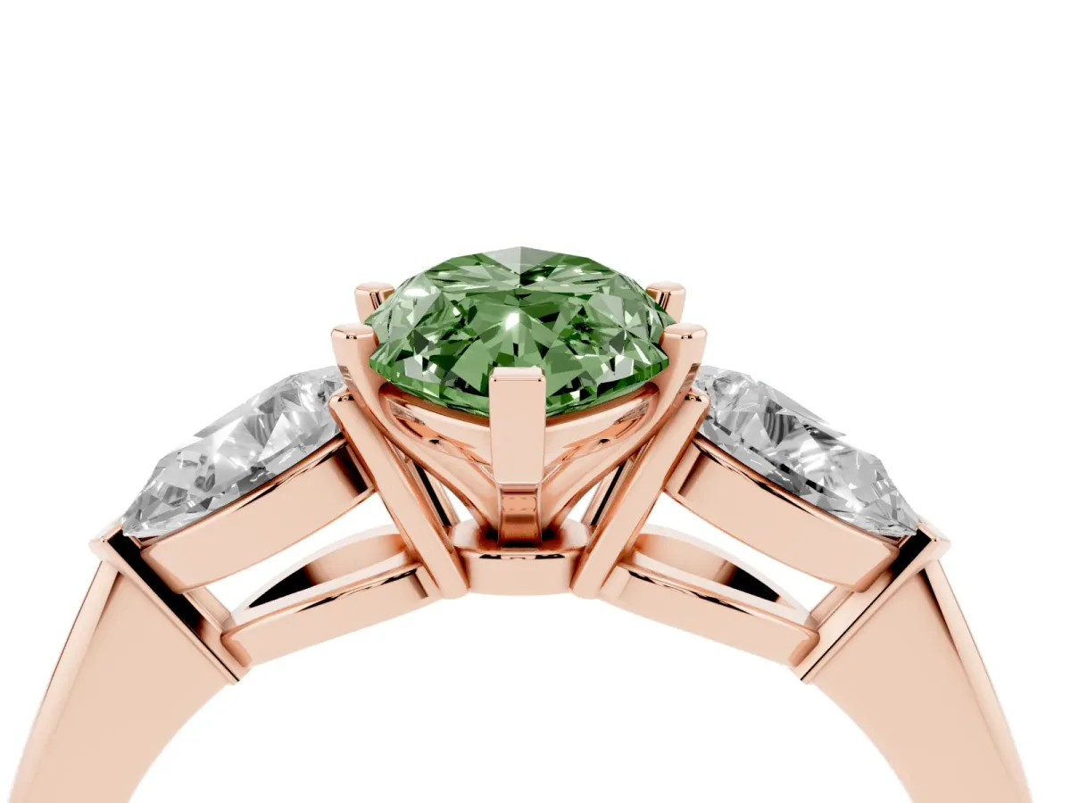 Fancy Green Three-Stone Marquise Cut Diamond Ring with Pear Side Stones and Four-Prong Setting Rose gold