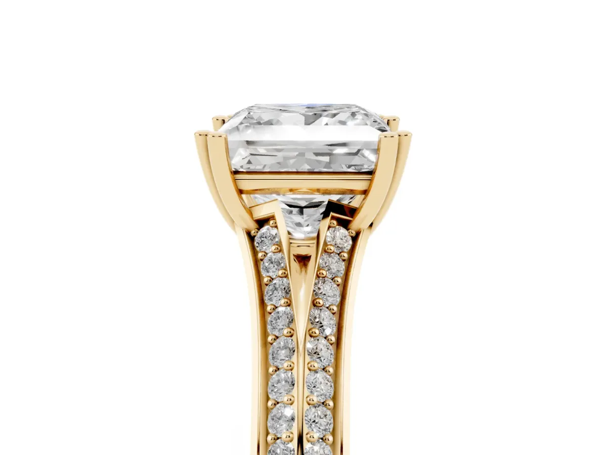 Princess Cut Diamond Split Shank Engagement Ring with Pavé Band Yellow gold