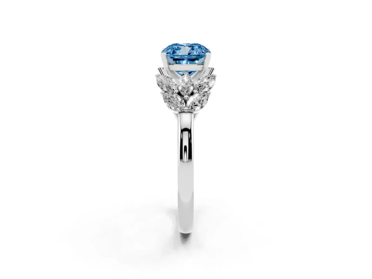 Fancy Blue Cushion Cut Diamond Cluster Leaf Design Ring with Prong Setting Silver