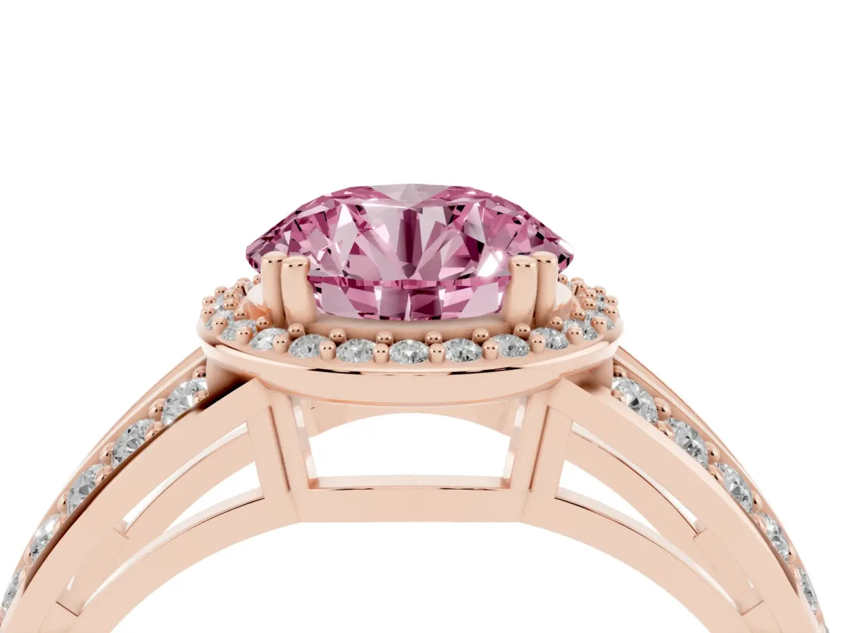 Fancy Pink Round Cut Diamond Halo Ring with Split Shank Pavé Band and Four-Prong Setting Rose gold