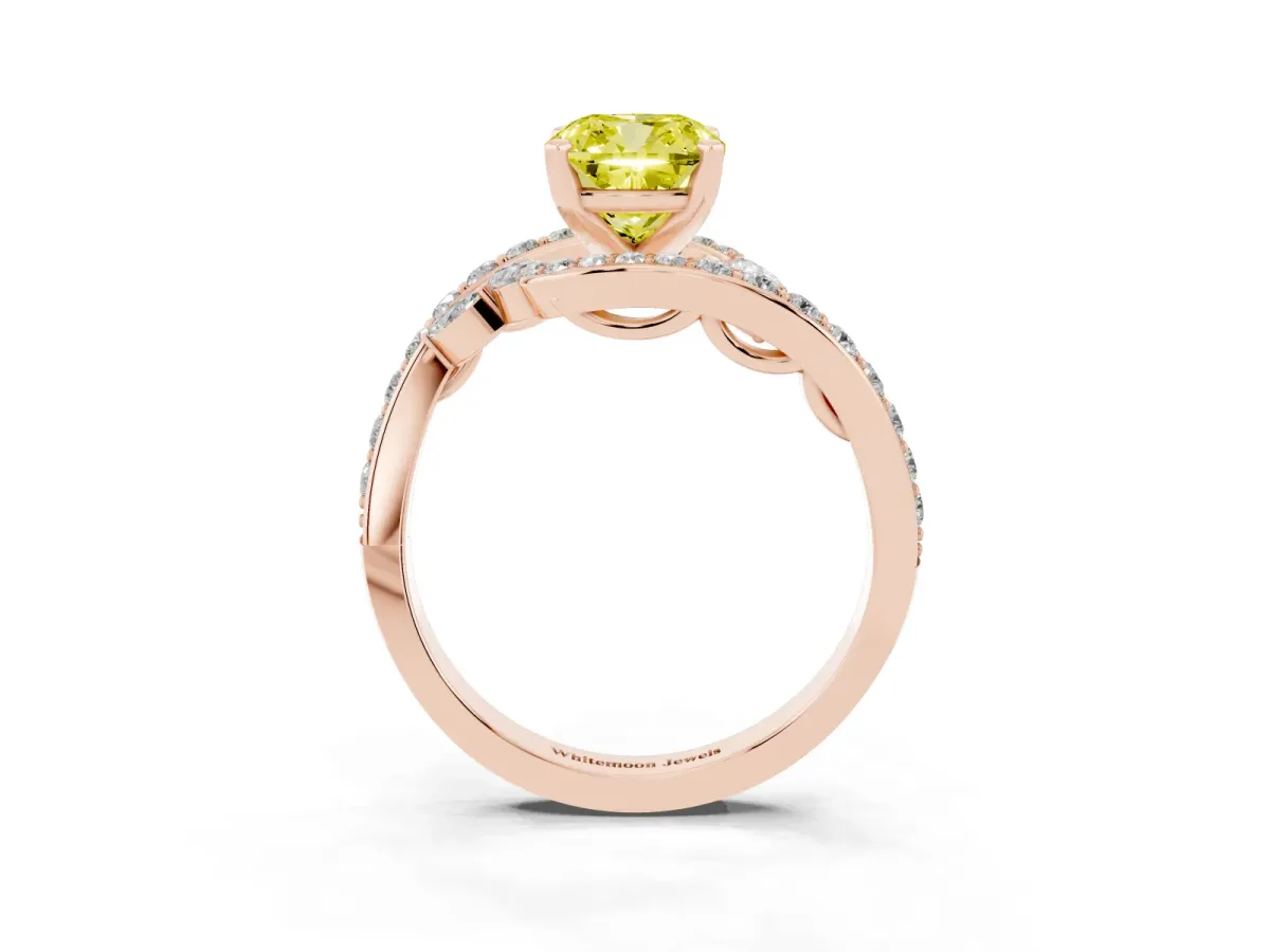 Fancy Yellow Cushion Cut Solitaire with Pavé Twist Band and Four-Prong Setting Rose gold