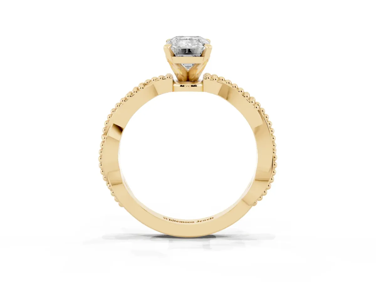 Emerald Cut Solitaire Twisted Band with Bead Prong Setting Yellow gold