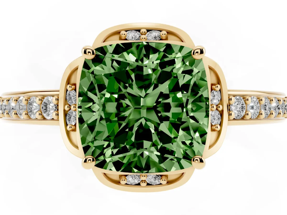 Fancy Green Cushion Cut Cut Halo Diamond Ring with Channel Set Band and Four-Prong Setting Yellow gold