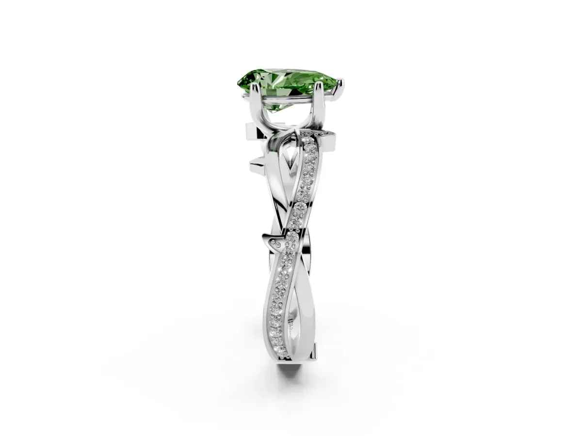 Fancy Green Pear Cut Solitaire Twist Band with Pavé Accents and Four-Prong Setting Silver