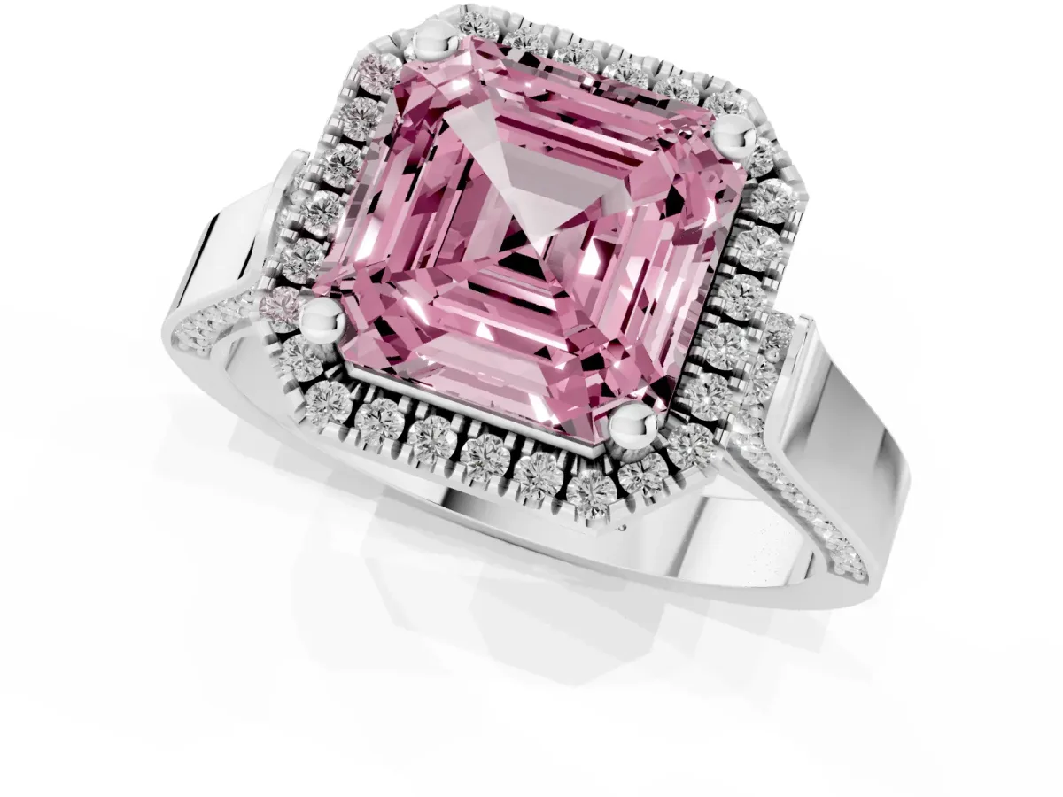Fancy Pink Asscher Cut Halo Pave Split Shank Prong Setting Ring Silver